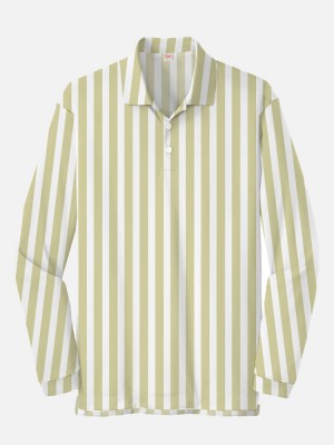 Plaid Series White LightYellow Colorblock Stripe Printing Men‘s Long Sleeve Polo