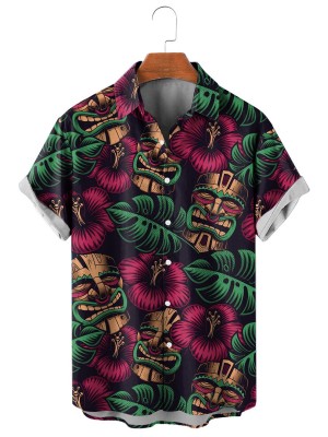 Men's Hawaiian Tiki Mask Print Short Sleeve Shirt