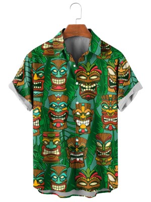 Men's Hawaiian Tiki Icon Print Short Sleeve Shirt